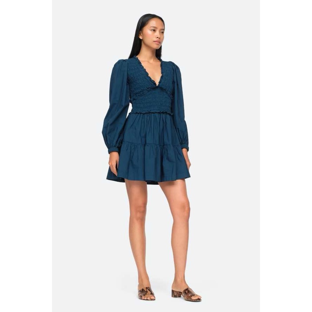 Sea New York Gaia Smocked Long Sleeve Tiered Mini Dress in Teal Blue Size 4